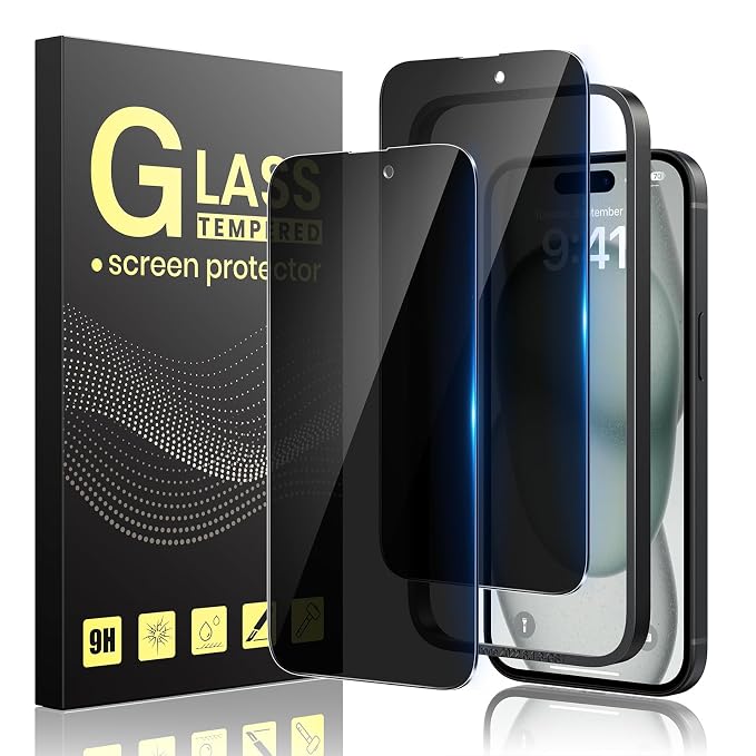 Pack of 2 Privacy Screen Protectors for iPhone 15 with Frame 6.1 Inch