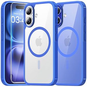 TAURI 3 in 1 for iPhone 16 Case 6.1″ with 2-Pack Screen Protector, Compatible with MagSafe, Military-Grade Protection, [Anti-Yellowing] Shockproof Transparent Magnetic Phone Cover – Ultramarine / Black / Pink