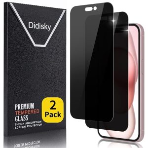Didisky 2-Pack Privacy Tempered Glass Screen Protector for iPhone 15 6.1 Inch, Anti-Voyeur, Anti-Fingerprint, Bubble-Free, Easy to Clean, 9H Hardness