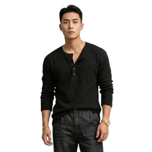 Men’s Textured Fabric Solid Half-Open Collar T-Shirt | Full Sleeve Casual Shirt for Men | Comfortable Fall Wear