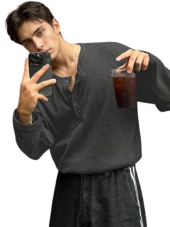 Men's Textured Fabric Solid Half-Open Collar T-Shirt | Full Sleeve Casual Shirt for Men | Comfortable Fall Wear - Image 4