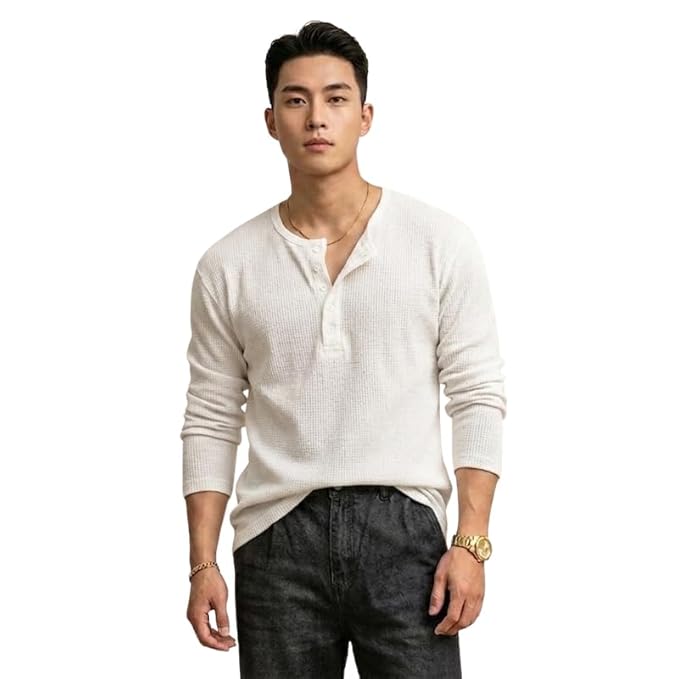 Men's Textured Fabric Solid Half-Open Collar T-Shirt | Full Sleeve Casual Shirt for Men | Comfortable Fall Wear - Image 3