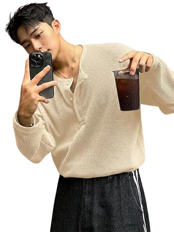 Men's Textured Fabric Solid Half-Open Collar T-Shirt | Full Sleeve Casual Shirt for Men | Comfortable Fall Wear - Image 5
