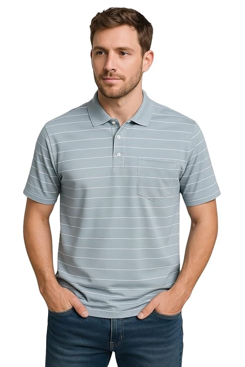 Men Striped Polo T-Shirt | Cotton Short Sleeve Polo Neck with Button | Chest Pocket Casual Wear - Image 3