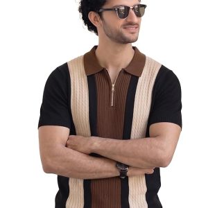 Men’s Zip Collar Polo Tshirt | Cotton Rich Material | Half Sleeves | Modern Knit Panel Work | Regular Fit