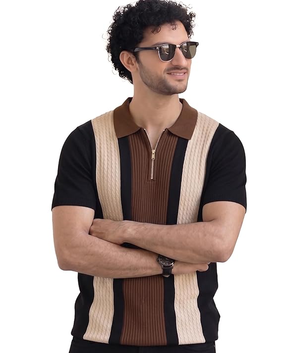 Men's Zip Collar Polo Tshirt | Cotton Rich Material | Half Sleeves | Modern Knit Panel Work | Regular Fit