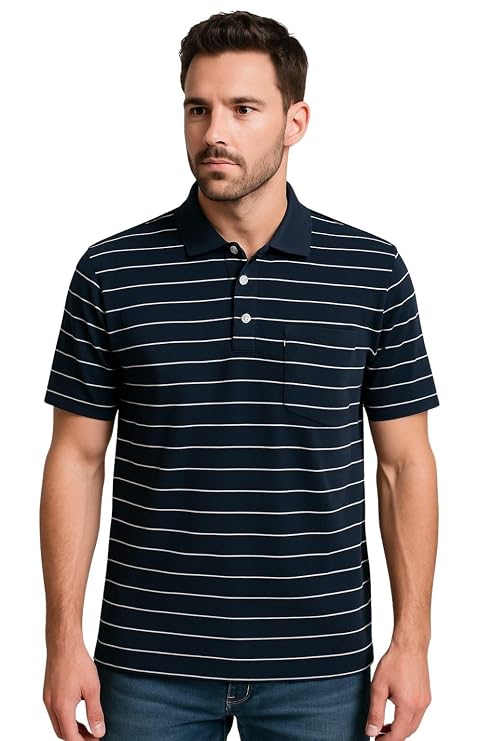 Men Striped Polo T-Shirt | Cotton Short Sleeve Polo Neck with Button | Chest Pocket Casual Wear - Image 5