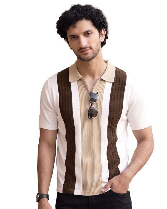 Men's Zip Collar Polo Tshirt | Cotton Rich Material | Half Sleeves | Modern Knit Panel Work | Regular Fit - Image 3