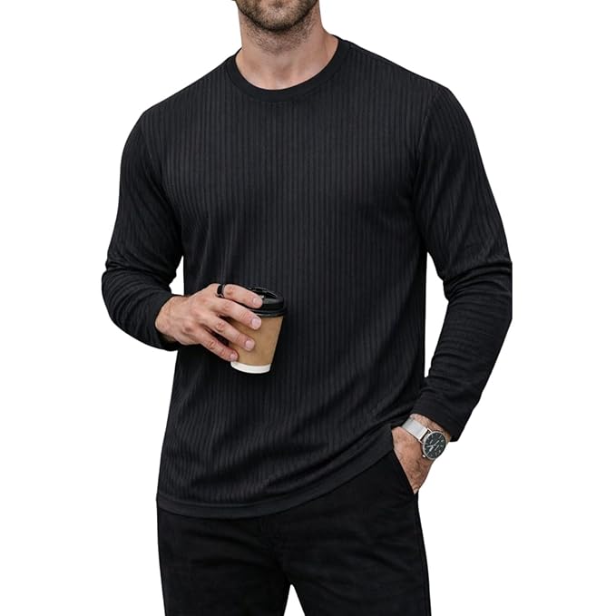 Mack Jonney Men’s Striped Ribbed Black Full Sleeve T-Shirt | Premium Soft Stretch Fabric | Casual Wear Round Neck Tee-M6265 - Image 3