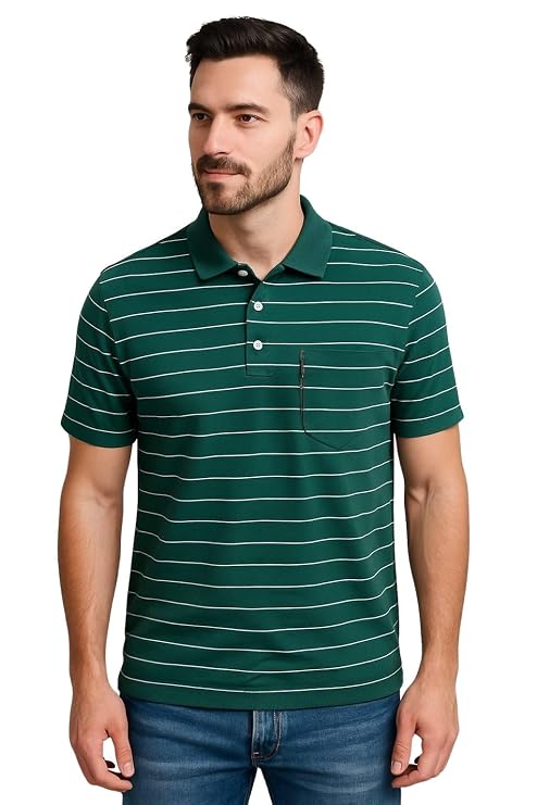 Men Striped Polo T-Shirt | Cotton Short Sleeve Polo Neck with Button | Chest Pocket Casual Wear - Image 4