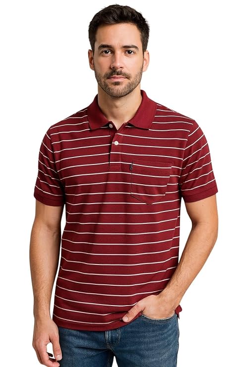Men Striped Polo T-Shirt | Cotton Short Sleeve Polo Neck with Button | Chest Pocket Casual Wear