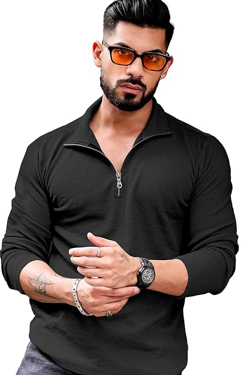 Men's Polyester Blend T Shirt with Spread Collar Neck Line Zipper Closure Full Sleeves Solid Pattern Regular Fit and Standard Length - Image 3