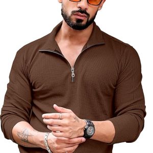 Men’s Polyester Blend T Shirt with Spread Collar Neck Line Zipper Closure Full Sleeves Solid Pattern Regular Fit and Standard Length