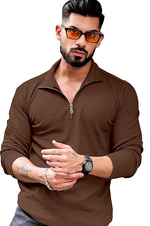 Men's Polyester Blend T Shirt with Spread Collar Neck Line Zipper Closure Full Sleeves Solid Pattern Regular Fit and Standard Length